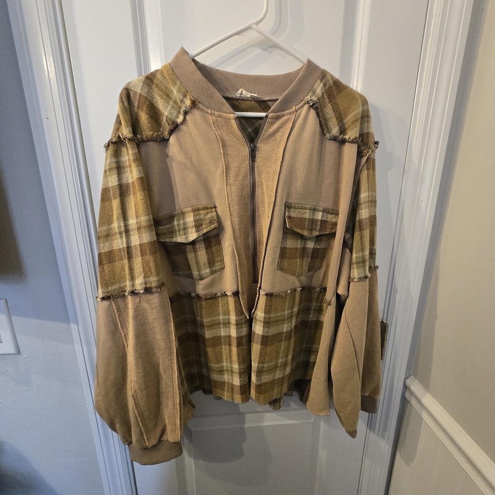 POL Plaid Bomber Jacket in Tan and Brown